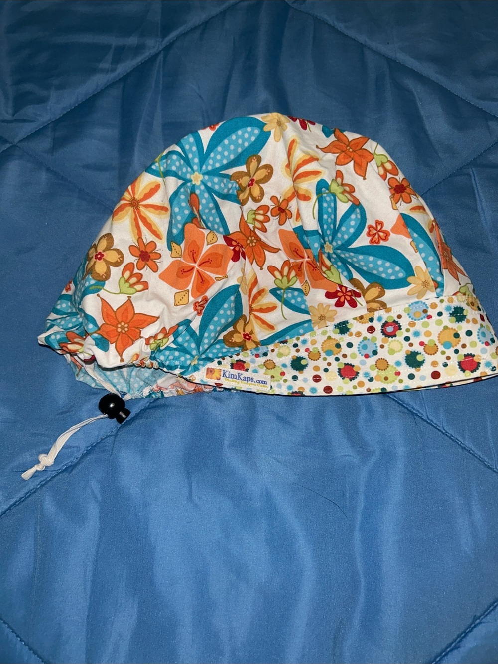 KimKaps Bouffant Style Floral Drawstring Cap - White with Blue & Orange Flowers